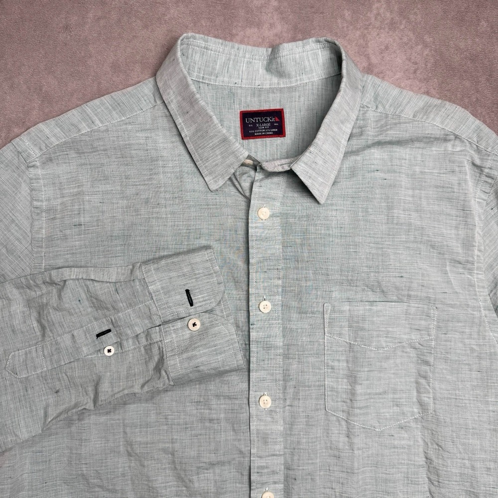 UNTUCKit XL Cotton Linen Blend Long Sleeve Men Shirt Aqua Blue Green Casual